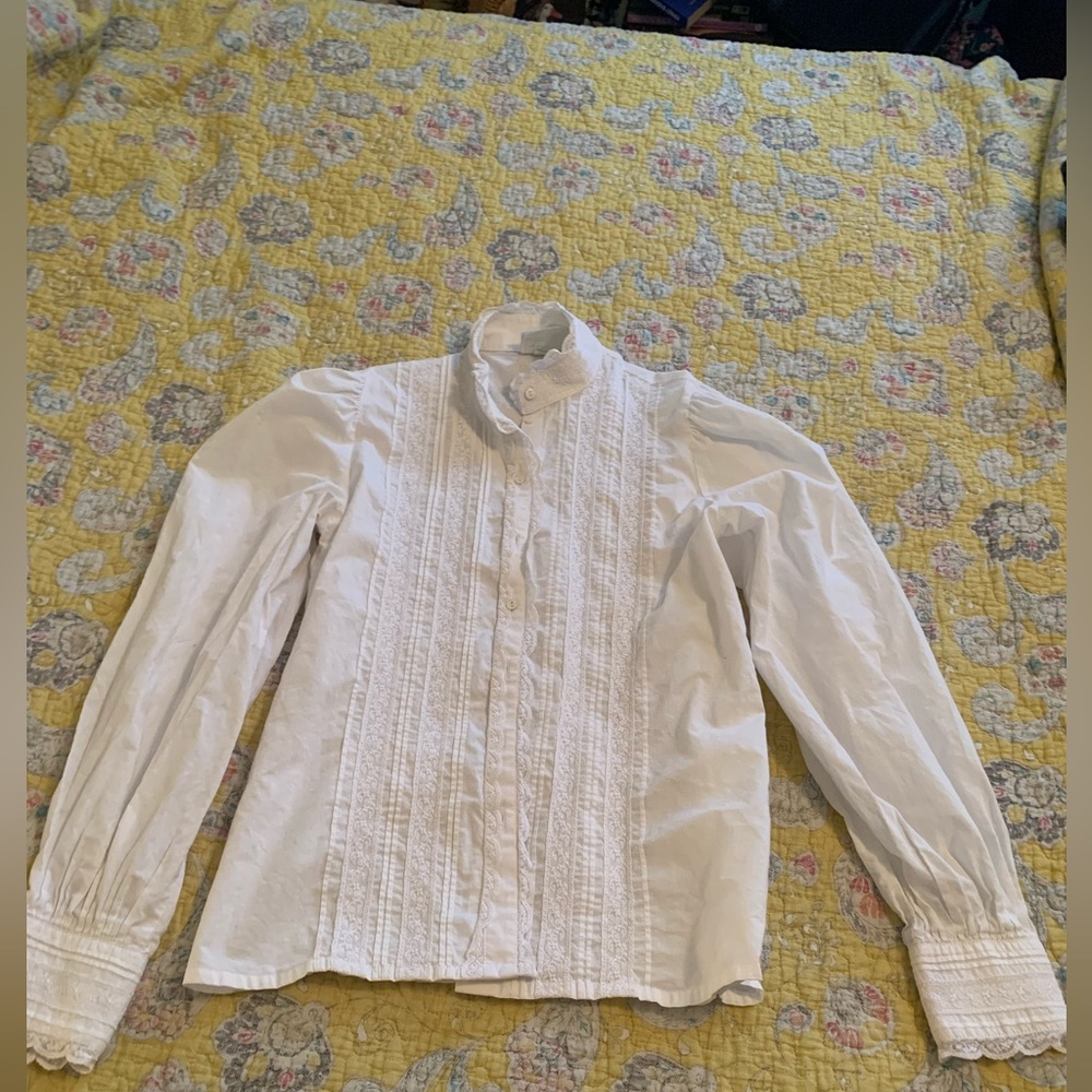 Laura Ashley Vintage White Cotton Ruffled Shirt